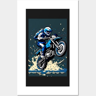 Dirt bike wheelie - pixel art style blue and tan Posters and Art